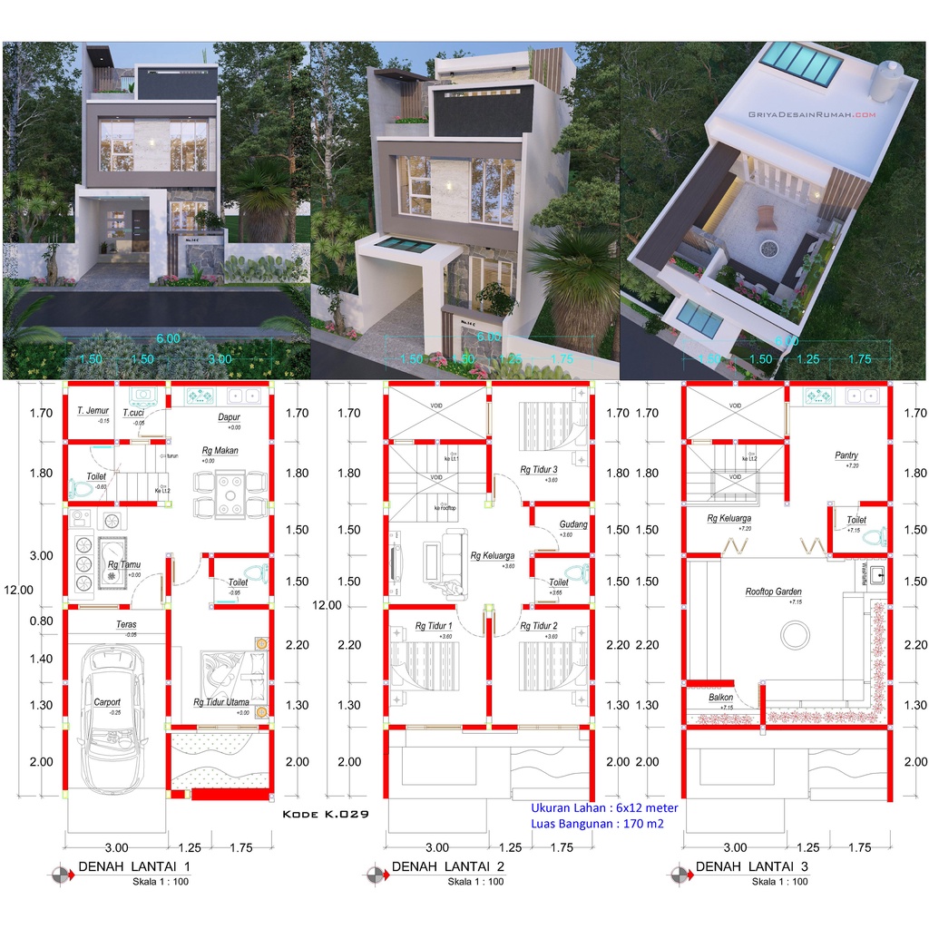 Desain Rumah Minimalis 3 Lantai 6x12