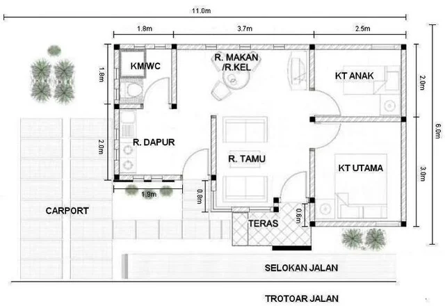 Desain Rumah 7×8 dengan 2 Kamar